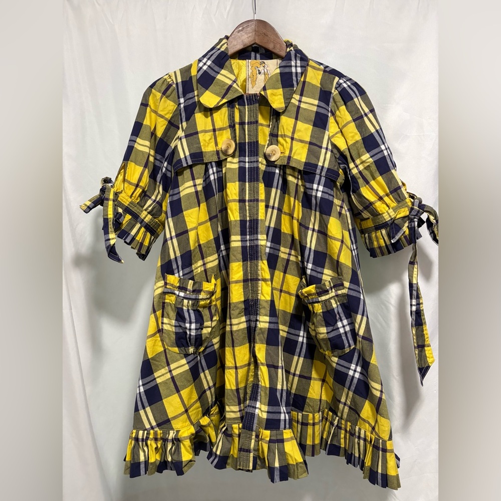 Twelve by Twelve Plaid Dress S Yellow Blue Button Front Ruffle Hem Tie Sleeve